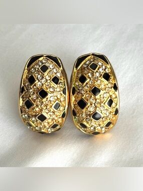Vintage Clip On Earrings Black Enamel Gold Tone Rhinestone 80s